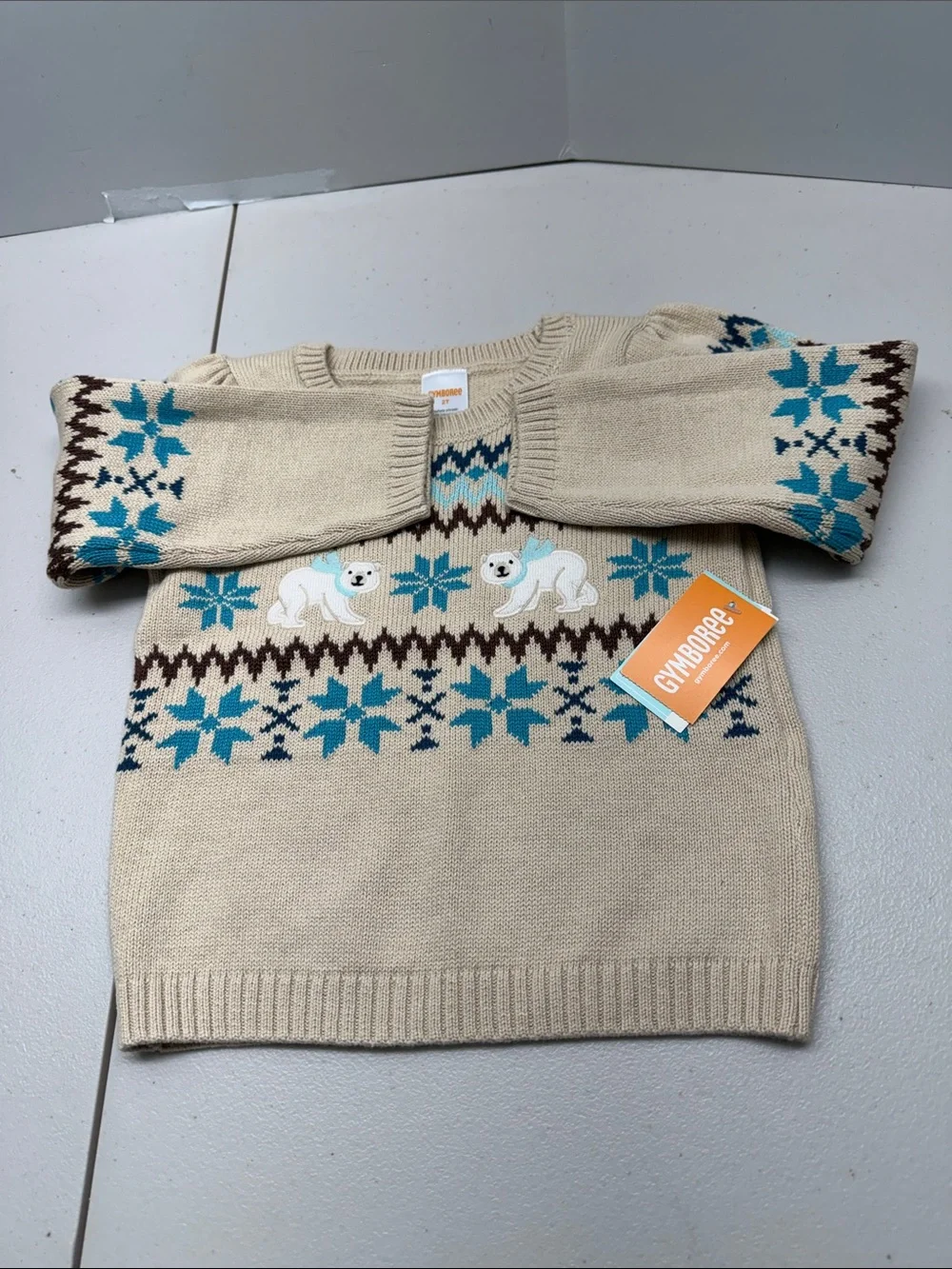 Gymboree Cream Fair Isle Polar Bear Knit Sweater with Teal Accents. NWT